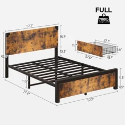 Full Size Bed Frame With 4 Storage Drawers And Headboard, Rustic Vintage Wood And Metal Bed Frame With Large Storage Space