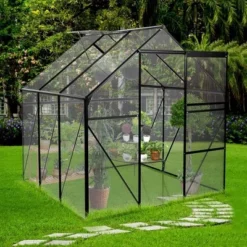 Walk In Greenhouse, Greenhouses With Sliding Door, Adjustable Roof, Drainage System & Galvanized Base, Metal Frame Greenhouse For Backyard