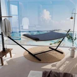 Double Hammock With Stand – 2 Person 350lbs Capacity, Portable Steel Frame & Comfort Pad For Indoor/Outdoor Use (Quick Assembly)