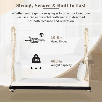 Outdoor Swing Chair With 2 Person Seating, Acacia Wood Hanging Chair Porch Swing Bench W/ Cushion, 2 Pillows & Hemp Ropes For Garden Backyard, White 4 Outdoor Swing Chair With 2 Person Seating, Acacia Wood Hanging Chair Porch Swing Bench W/ Cushion, 2 Pillows & Hemp Ropes For Garden Backyard, White - Image 4