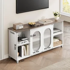 70" Rustic TV Stand - Entertainment Center With Corrugated Glass Cabinet Doors & Open Shelves