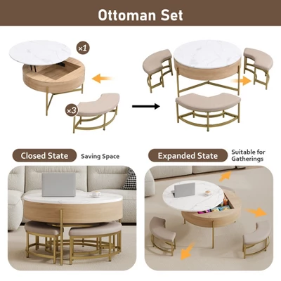 Lift Top Coffee Table With 3 Ottoman, Modern Round Center Table With Hidden Storage, Wood Cocktail Table For Living Room Bedroom Office 3 Lift Top Coffee Table With 3 Ottoman, Modern Round Center Table With Hidden Storage, Wood Cocktail Table For Living Room Bedroom Office - Image 3
