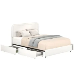 Queen Size Platform Bed With 4 Drawers Queen Upholstered Bed Frame With Curved Stitched Tufted Headboard, No Box Spring Needed, Ivory -Garvee Sales GUEST 22a74189 3581 4aa1 93ab 4bae9f41dbd6