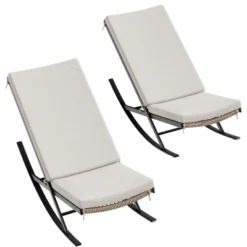 Outdoor Rocking Chairs Set Of 2, Indoor Lounge Rocker Chair With Padded Cushion & Metal Frame & Rattan Seat, For Garden, Backyard, Lawn, Patio