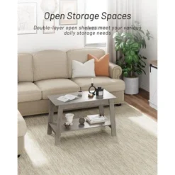 Coffee Table, 2-Tier Living Room Table Rectangular Center Table With Storage Shelf, Farmhouse Wood Coffee Table For Small Spaces, Easy Assembly, Gray