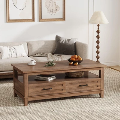 Farmhouse Coffee Table With Drawers, 47.2" Center Table Rustic Coffee Tables White Brown Living Room Table 2 Farmhouse Coffee Table With Drawers, 47.2" Center Table Rustic Coffee Tables White Brown Living Room Table - Image 2