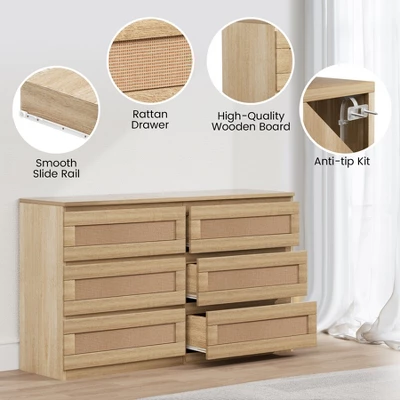 Dresser For Bedroom, Rattan 6/8 Drawer Dresser For Closet, Double Wood Dressers & Chest Of Drawers, For Bedroom/Living Room/Entryway, Natural 2 Dresser For Bedroom, Rattan 6/8 Drawer Dresser For Closet, Double Wood Dressers & Chest Of Drawers, For Bedroom/Living Room/Entryway, Natural - Image 2