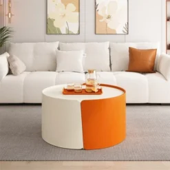 Nesting Coffee Table, Round Nesting Tables And End Tables For Small Space, Modern Side Tables With Extendable Sliding Tabletop, No Need Assembly