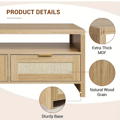 Garvee Rattan Coffee Table With 2 Drawers, Wooden Coffee Table With Open Storage, Oak 4 Garvee Rattan Coffee Table With 2 Drawers, Wooden Coffee Table With Open Storage, Oak - Image 4