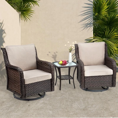 Outdoor Swivel Wicker Glider Patio Chairs With Table Set, 3PCS Outdoor Bistro Set With 4inch Thick Cushions And Coffee Table For Porch, Balcony 8 Outdoor Swivel Wicker Glider Patio Chairs With Table Set, 3PCS Outdoor Bistro Set With 4inch Thick Cushions And Coffee Table For Porch, Balcony - Image 8