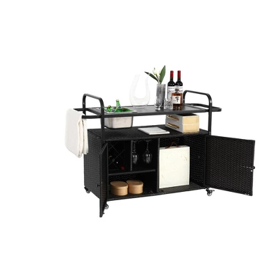 Outdoor Bar Table, Wicker Bar Cart With Cabinet, Patio Serving Cart With Steel Top, With A Ice Bucket, Lockable Wheels, Side Basket 4 Outdoor Bar Table, Wicker Bar Cart With Cabinet, Patio Serving Cart With Steel Top, With A Ice Bucket, Lockable Wheels, Side Basket - Image 4