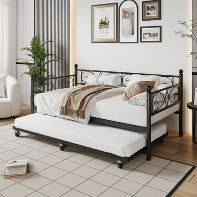 Twin Daybed With Trundle Bed, Heavy Duty Metal Twin Bed Frame With Pull Out Trundle 8 Twin Daybed With Trundle Bed, Heavy Duty Metal Twin Bed Frame With Pull Out Trundle - Image 8