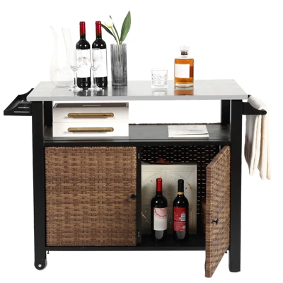 Outdoor Wicker Bar Cart, Kitchen Island Grill Table With Wheel,Rolling Buffet Serving Cart With Stainless Steel Top For Porch Garden Poolside 3 Outdoor Wicker Bar Cart, Kitchen Island Grill Table With Wheel,Rolling Buffet Serving Cart With Stainless Steel Top For Porch Garden Poolside - Image 3