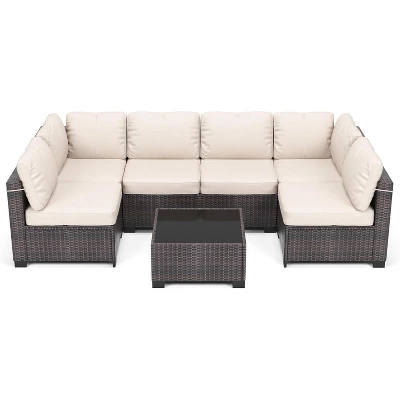 7 PCS Outdoor Patio Furniture Set, Wicker Sectional Sofa Set Rattan Modular Conversation Couch Set With Cushions For Outside, Garden, Balcony, Porch 6 7 PCS Outdoor Patio Furniture Set, Wicker Sectional Sofa Set Rattan Modular Conversation Couch Set With Cushions For Outside, Garden, Balcony, Porch - Image 6