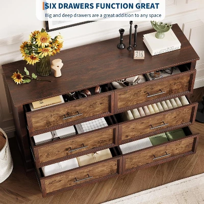 6 Drawer Dresser For Bedroom, Framhouse Large Chest Of Drawers With Metal Handles, Rustic Double Wood Dresser, Storage Dressers Organizer 2 6 Drawer Dresser For Bedroom, Framhouse Large Chest Of Drawers With Metal Handles, Rustic Double Wood Dresser, Storage Dressers Organizer - Image 2