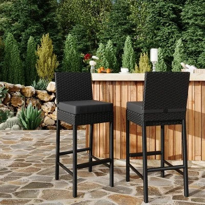 Garvee Patio Wicker Barstools With Cushions, Outdoor Wicker Bar Stools Set Of 2, Rattan Bar Height Stool Set Armless For Backyard, Poolside 2 Garvee Patio Wicker Barstools With Cushions, Outdoor Wicker Bar Stools Set Of 2, Rattan Bar Height Stool Set Armless For Backyard, Poolside - Image 2