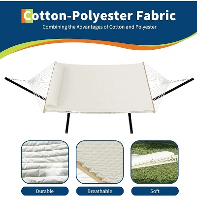 Double Hammock With Space Foldable Saving Steel Stand Included 2 Person Heavy Duty Outside Garden Yard 450lb Capacity For Garden Outdoor Beige 2 Double Hammock With Space Foldable Saving Steel Stand Included 2 Person Heavy Duty Outside Garden Yard 450lb Capacity For Garden Outdoor Beige - Image 2