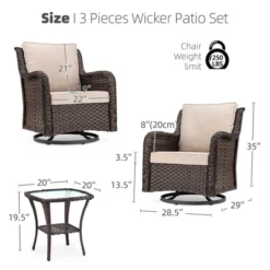 Outdoor Swivel Wicker Glider Patio Chairs With Table Set, 3PCS Outdoor Bistro Set With 4inch Thick Cushions And Coffee Table For Porch, Balcony