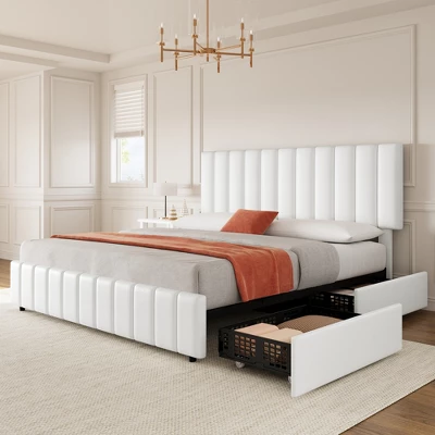 Bed Frame With 4 Storage Drawers, Adjustable Height Headboard, Linen Upholstered Platform BedFrame, Wooden Slats 6 Bed Frame With 4 Storage Drawers, Adjustable Height Headboard, Linen Upholstered Platform BedFrame, Wooden Slats - Image 6