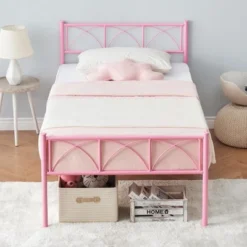 Twin Size Bed Frame With Headboard, Twin Bed Frame For Girls/Boys/Teens, Heavy Duty Metal Slat Support, No Box Spring Needed, Easy Assembly,Pink