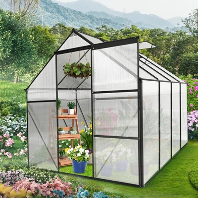 6x8 FT Polycarbonate Greenhouse, Aluminum Walk-in Greenhouses With Sliding Door & Raised Base, Plant Greenhouse For Outdoor Garden Backyard 7 6x8 FT Polycarbonate Greenhouse, Aluminum Walk-in Greenhouses With Sliding Door & Raised Base, Plant Greenhouse For Outdoor Garden Backyard - Image 7
