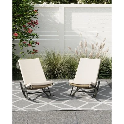 Outdoor Rocking Chairs Set Of 2, Indoor Lounge Rocker Chair With Padded Cushion & Metal Frame & Rattan Seat, For Garden, Backyard, Lawn, Patio 7 Outdoor Rocking Chairs Set Of 2, Indoor Lounge Rocker Chair With Padded Cushion & Metal Frame & Rattan Seat, For Garden, Backyard, Lawn, Patio - Image 7