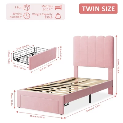 2 Sets Twin Bed Frame With Under-Bed Drawer, Velvet Upholstered Platform Bed With Wave Headboard,No Box Spring Needed 1 2 Sets Twin Bed Frame With Under-Bed Drawer, Velvet Upholstered Platform Bed With Wave Headboard,No Box Spring Needed
