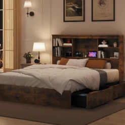 Full/Queen Size Bed Frame With Storage - 51" Bookcase Headboard, 4 Drawers, Charging Station, No Box Spring Needed, 1000LBS Capacity