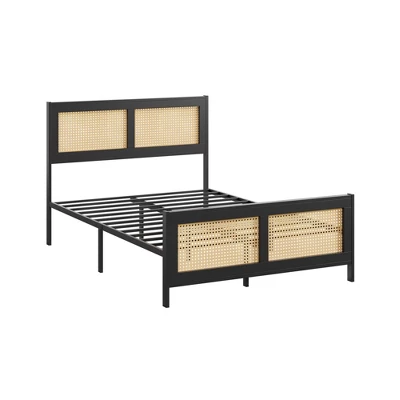 Rattan Bed Frame With Headboard, Boho Cane Platform Bed Frame With Strong Metal Slat,Black 3 Rattan Bed Frame With Headboard, Boho Cane Platform Bed Frame With Strong Metal Slat,Black - Image 3