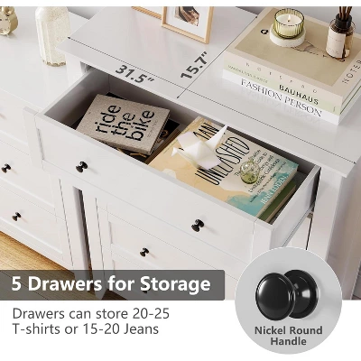 5 Drawers Dresser For Bedroom, Farmhouse Tall Wood Chest Of Drawers For Clothes, Big Storage Dressers Organizer With Gold Handles For Bedroom, White 6 5 Drawers Dresser For Bedroom, Farmhouse Tall Wood Chest Of Drawers For Clothes, Big Storage Dressers Organizer With Gold Handles For Bedroom, White - Image 6