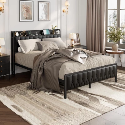 Full Size Bed Frame With PU Faux Leather, Button Headboard With Charging Station, All-Metal Full Platform Bed Frame With Storage, Black 1 Full Size Bed Frame With PU Faux Leather, Button Headboard With Charging Station, All-Metal Full Platform Bed Frame With Storage, Black
