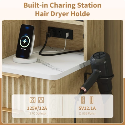 Makeup Vanity Desk With Lights, Fluted Wooden Dressing Table With 5 Drawers And Adjustable Shelves, Makeup Vanity Table Modern Glass Top For Bedroom 5 Makeup Vanity Desk With Lights, Fluted Wooden Dressing Table With 5 Drawers And Adjustable Shelves, Makeup Vanity Table Modern Glass Top For Bedroom - Image 5