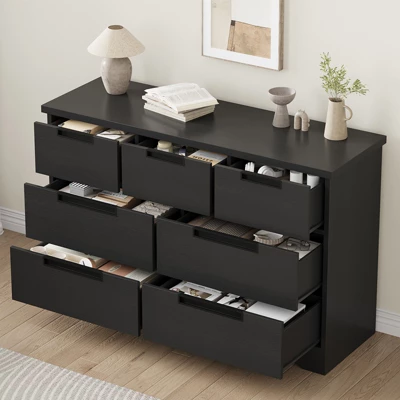7 Drawer Dresser For Bedroom, Black 7 Chest Of Drawers With Embedded Handles, Wooden Dresser Organizer Tv Stand For Living Room Nursery Hallway 2 7 Drawer Dresser For Bedroom, Black 7 Chest Of Drawers With Embedded Handles, Wooden Dresser Organizer Tv Stand For Living Room Nursery Hallway - Image 2