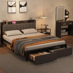 Bed Frame With Storage Headboard, Industrial Platform Bed With 2 Large Drawers And Charging Station, Black No Box Spring Needed Bed Frame 13 Bed Frame With Storage Headboard, Industrial Platform Bed With 2 Large Drawers And Charging Station, Black No Box Spring Needed Bed Frame -Garvee Sales GUEST 2c8dc98d 2e33 4195 9e25 be2cb0bd5581