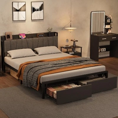 Bed Frame With Storage Headboard, Industrial Platform Bed With 2 Large Drawers And Charging Station, Black No Box Spring Needed Bed Frame 5 Bed Frame With Storage Headboard, Industrial Platform Bed With 2 Large Drawers And Charging Station, Black No Box Spring Needed Bed Frame - Image 5