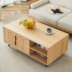 Wood Coffee Table With Hidden Compartment And Large Storage Shelf, Dining Center Table For Home Living Room Office