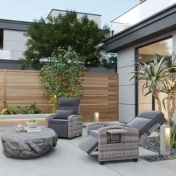 Outdoor Reclining Chairs, Reclining Patio Chairs With Extended Footrests, Adjustable Rattan Patio Lounge With Flip-Up Table, Light-Grey -Garvee Sales GUEST 2d21f6c7 94d2 4999 b5de b0df2b14ef5a