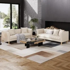 Faux Leather Sofa Couch, Modern 78" W Sofa With Deep Seats, 3 Seater Sofa Couch With 2 Throw Pillows And Wood Legs, For Living Room -Garvee Sales GUEST 2d44f0b0 4f25 4d5e aa52 8225bec4d582