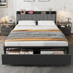 Bed Frame With Storage Headboard, Industrial Platform Bed With 2 Large Drawers And Charging Station, Black No Box Spring Needed Bed Frame 15 Bed Frame With Storage Headboard, Industrial Platform Bed With 2 Large Drawers And Charging Station, Black No Box Spring Needed Bed Frame -Garvee Sales GUEST 2d67211e 0f5e 4988 9b23 980e8ea60303