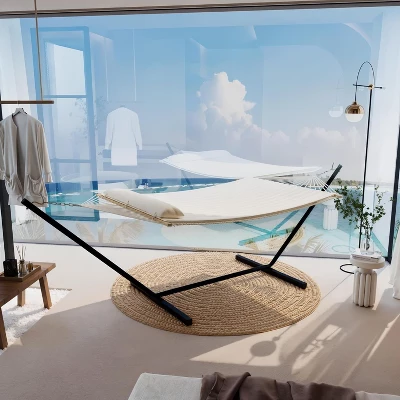 Double Hammock With Space Foldable Saving Steel Stand Included 2 Person Heavy Duty Outside Garden Yard 450lb Capacity For Garden Outdoor Beige 5 Double Hammock With Space Foldable Saving Steel Stand Included 2 Person Heavy Duty Outside Garden Yard 450lb Capacity For Garden Outdoor Beige - Image 5