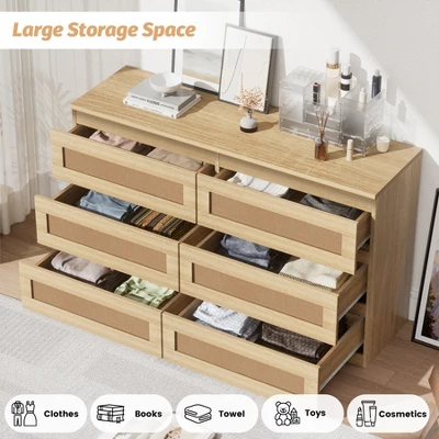 Dresser For Bedroom, Rattan 6/8 Drawer Dresser For Closet, Double Wood Dressers & Chest Of Drawers, For Bedroom/Living Room/Entryway, Natural 3 Dresser For Bedroom, Rattan 6/8 Drawer Dresser For Closet, Double Wood Dressers & Chest Of Drawers, For Bedroom/Living Room/Entryway, Natural - Image 3