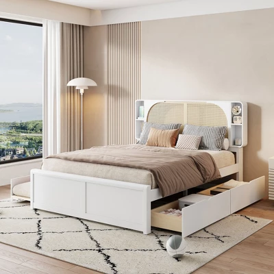 Queen Size Bed Frame With Trundle, Wood Platform Bed With Rattan Headboard & 2 Drawers, Wooden Slats Support, No Box Spring Required 10 Queen Size Bed Frame With Trundle, Wood Platform Bed With Rattan Headboard & 2 Drawers, Wooden Slats Support, No Box Spring Required - Image 10