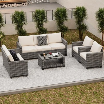 Outdoor Patio Furniture Sofa Sets,7 Piece Rattan Furniture Sectional Couch Set With Glass Coffee Table For Backyard Garden 7 Outdoor Patio Furniture Sofa Sets,7 Piece Rattan Furniture Sectional Couch Set With Glass Coffee Table For Backyard Garden - Image 7