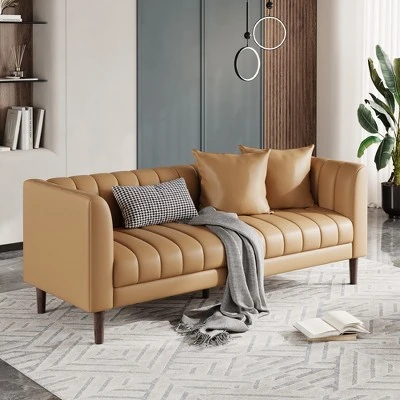 Garvee Faux Leather Sofa Couch, Modern 78" W Sofa With Deep Seats, 3 Seater Sofa Couch With 2 Throw Pillows And Wood Legs, For Living Room 9 Garvee Faux Leather Sofa Couch, Modern 78" W Sofa With Deep Seats, 3 Seater Sofa Couch With 2 Throw Pillows And Wood Legs, For Living Room - Image 9