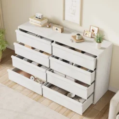 Garvee 8 Drawer Dresser For Bedroom, 54" White Double Dresser Organizer With Concave Handle, Modern Chest Of Drawer For Bedroom Living Room Nursery