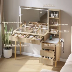 Makeup Vanity Desk With Lights, Fluted Wooden Dressing Table With 5 Drawers And Adjustable Shelves, Makeup Vanity Table Modern Glass Top For Bedroom 12 Makeup Vanity Desk With Lights, Fluted Wooden Dressing Table With 5 Drawers And Adjustable Shelves, Makeup Vanity Table Modern Glass Top For Bedroom -Garvee Sales GUEST 2e9f9abf 0e24 4773 a341 036d248a7070