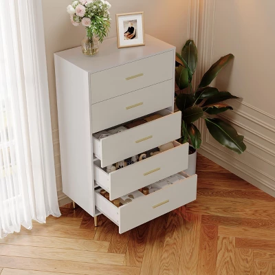 White 5 Drawer Dresser,Tall Narrow Chest Of Drawers,Wooden Skinny Dresser With Gold Metal Handles And Legs,Modern Storage Drawer Cabinet 3 White 5 Drawer Dresser,Tall Narrow Chest Of Drawers,Wooden Skinny Dresser With Gold Metal Handles And Legs,Modern Storage Drawer Cabinet - Image 3