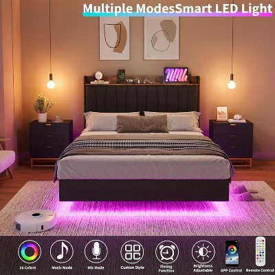 Floating Bed Frame With LED Lights & USB Charging Station – Modern Upholstered Platform Bed With Headboard, Solid Wood Slats Support 3 Floating Bed Frame With LED Lights & USB Charging Station – Modern Upholstered Platform Bed With Headboard, Solid Wood Slats Support - Image 3