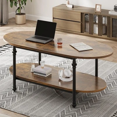 Whizmax Oval Coffee Table Unique Tea Table, Cocktail Table Low Storage Coffee Table 2 Tier Center Table For Living Room 2 Whizmax Oval Coffee Table Unique Tea Table, Cocktail Table Low Storage Coffee Table 2 Tier Center Table For Living Room - Image 2