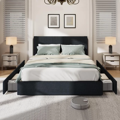 Bed Frame With 4 Storage Drawers, Platform Bed Frame With Upholstered Channel Tufted Wingback Headboard, Strong Wooden Slats Support 2 Bed Frame With 4 Storage Drawers, Platform Bed Frame With Upholstered Channel Tufted Wingback Headboard, Strong Wooden Slats Support - Image 2